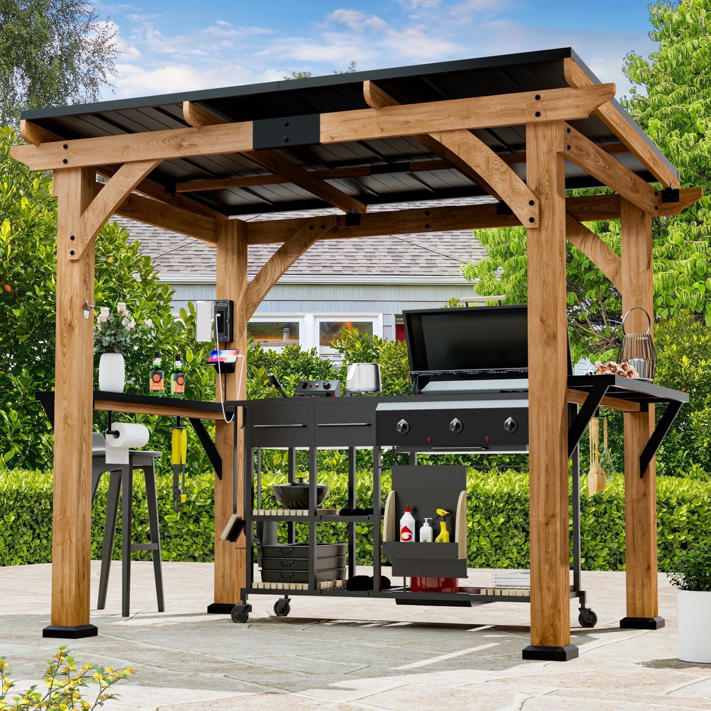 Modern Shade 6'x8' Cedar Bbq Gazebo with Galvanized Steel Roof, Tool Shelves & Dual USB Ports Grill Shelter with Paper Towel Holder for Patio/Backyard