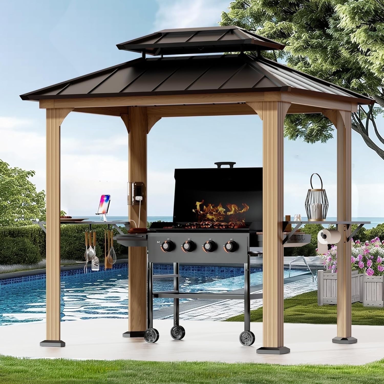 Modern Shade Grill Gazebo 6' x 8', Bbq Shelves and Paper Towel Holder, Grill Canopy with Galvanized Steel Roof, Grill Gazebo with Charging Ports Brown