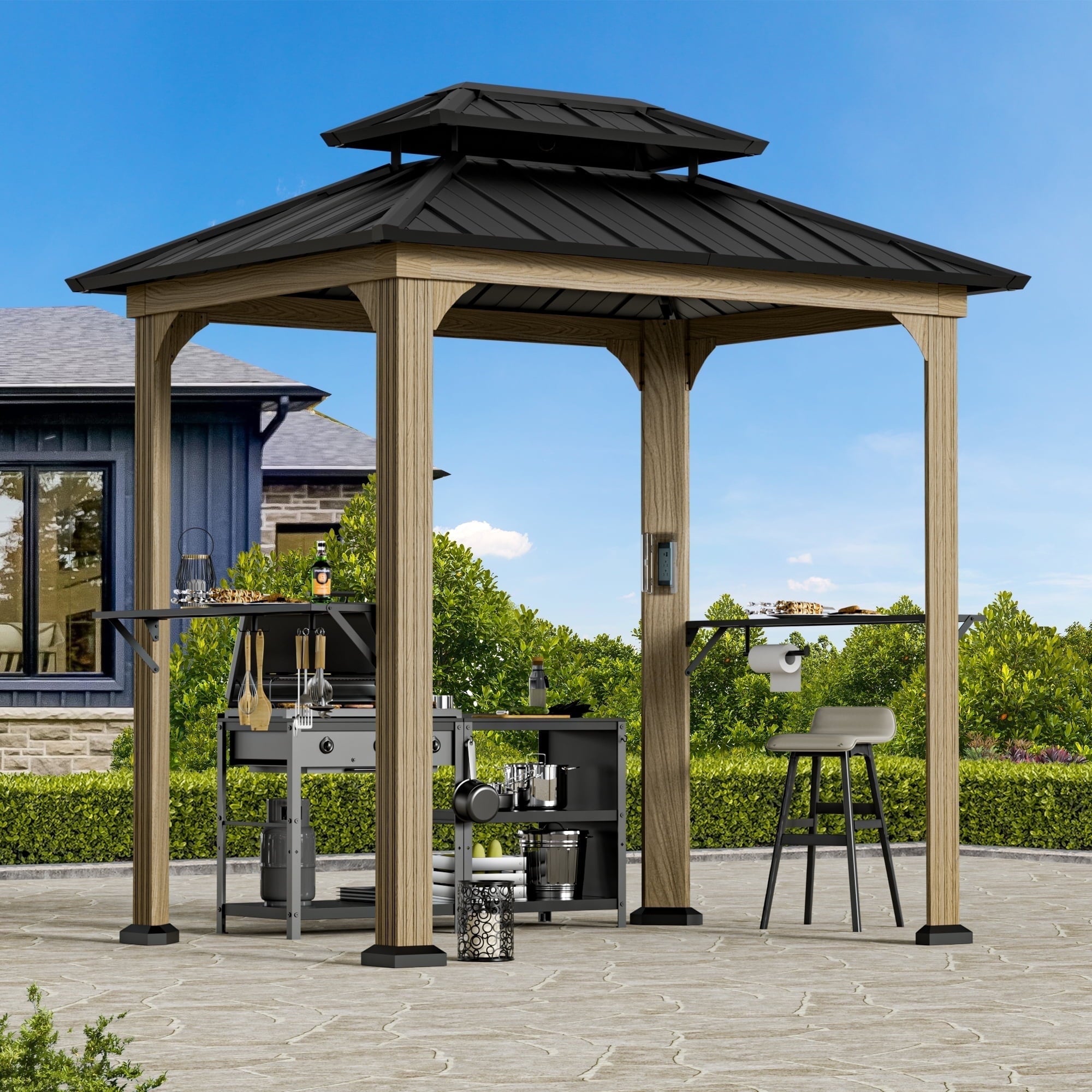 FONA Grill Gazebo 6' X 8', Permanent Aluminum BBQ Gazebos with Shelves and Paper Towel Holder, Grill Canopy with Galvanized Steel Roof, Grill Gazebo with Charging Ports, Wood-Looking