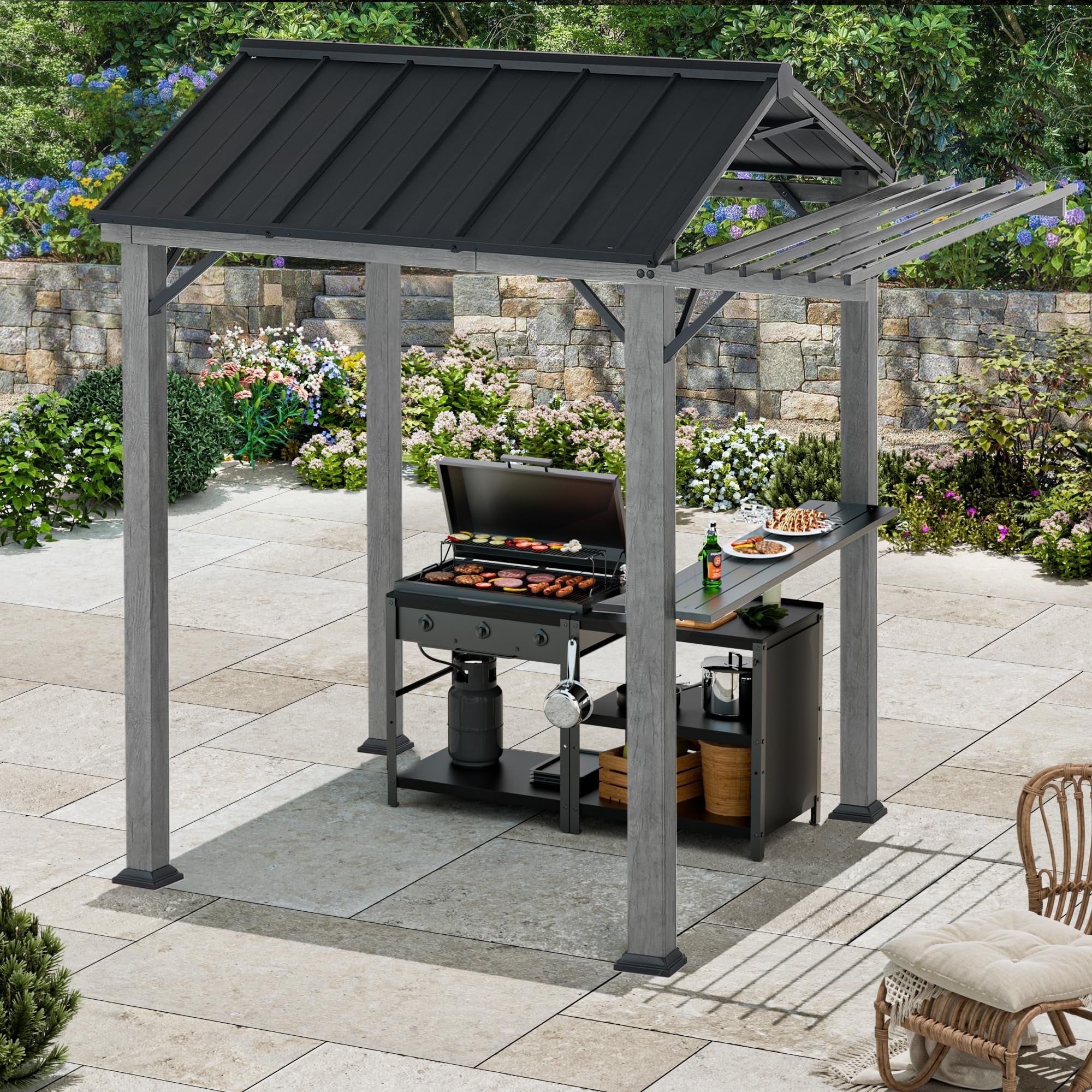 Modern Shade 6'x8' Grill Gazebo Galvanized Steel Roof W/Pergola UV-Waterproof Canopy Rust-Resistant Frame with Shelves in Transfer Gray