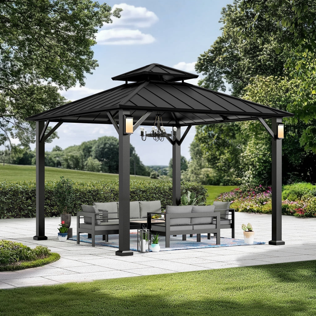 Modern Shade 10'x10' Hardtop Gazebo Galvanized Steel Roof Frame with 4 LED Weatherproof Lights for Backyard Garden
