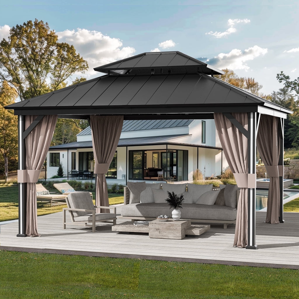 Modern Shade 12' x 14' Hardtop Gazebo with LED Lights, USB Ports, Curtains & Netting, Black