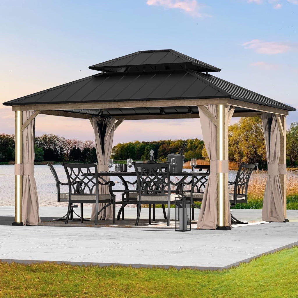 Modern Shade 12' x 14' Hardtop Gazebo with LED Lights, USB Ports, Curtains & Netting for Patio