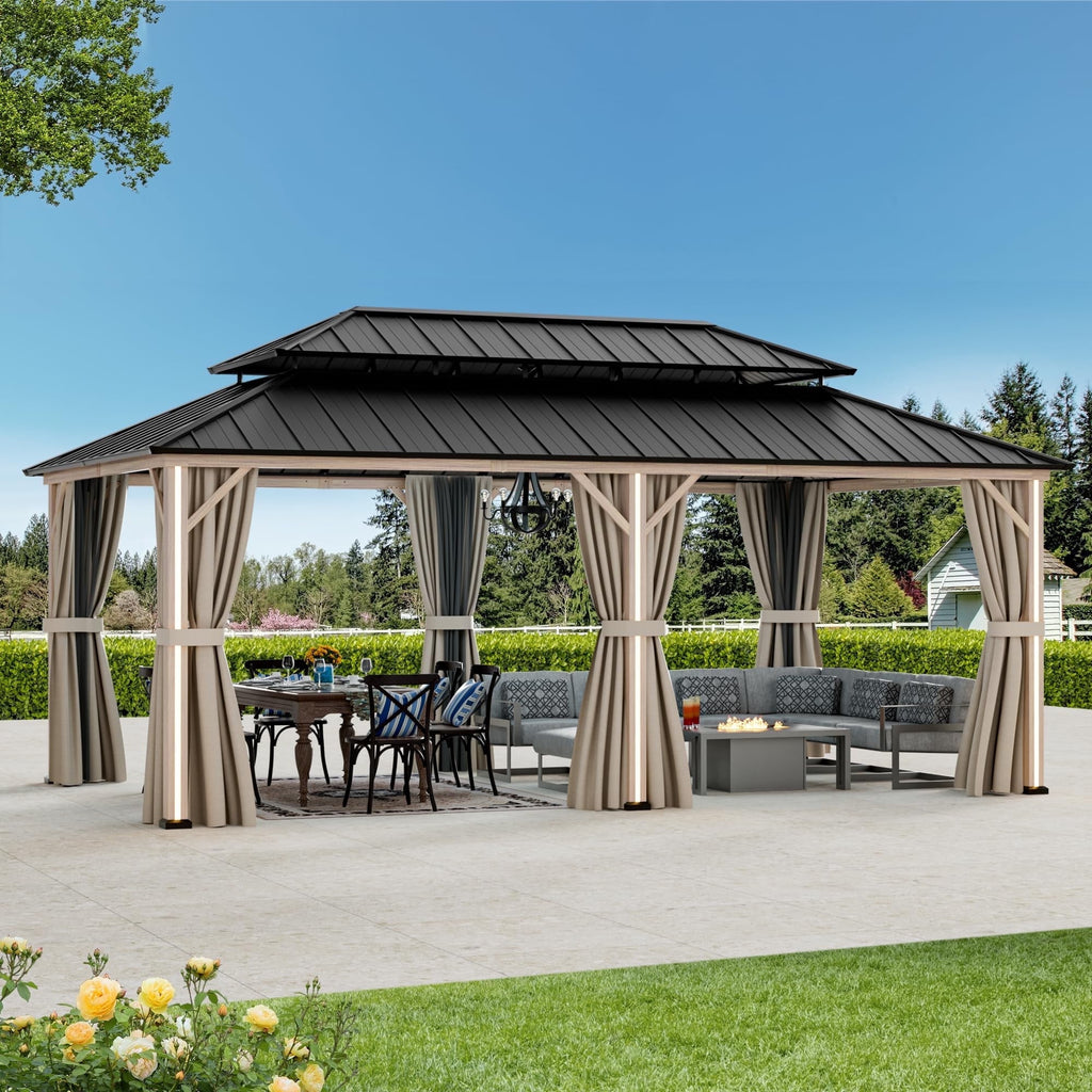Modern Shade 12‘x20’ Hardtop Gazebo with Steel Double Roof 6 LED Lights USB Charging Port Netting Curtains Weather-Resistant Outdoor Shelter Wood-Look Design