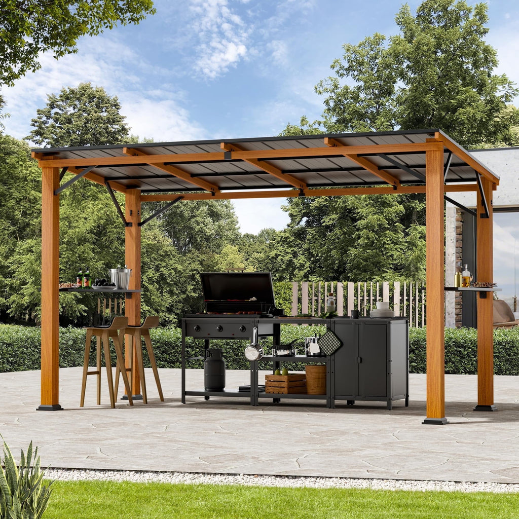 Modern Shade 6‘x12’ Hardtop Grill Gazebo with Shelf, Bottle Opener and Hooks, Rustproof Wood-Look Aluminum Design for Backyard Garden and Patio Brown