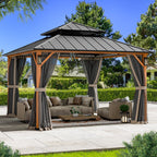 Modern Shade Hardtop Gazebo 12' x 12' with 4 LED Lights, Permanent Gazebo with Double Galvanized Steel Roof for Outdoor Backyard, Brown