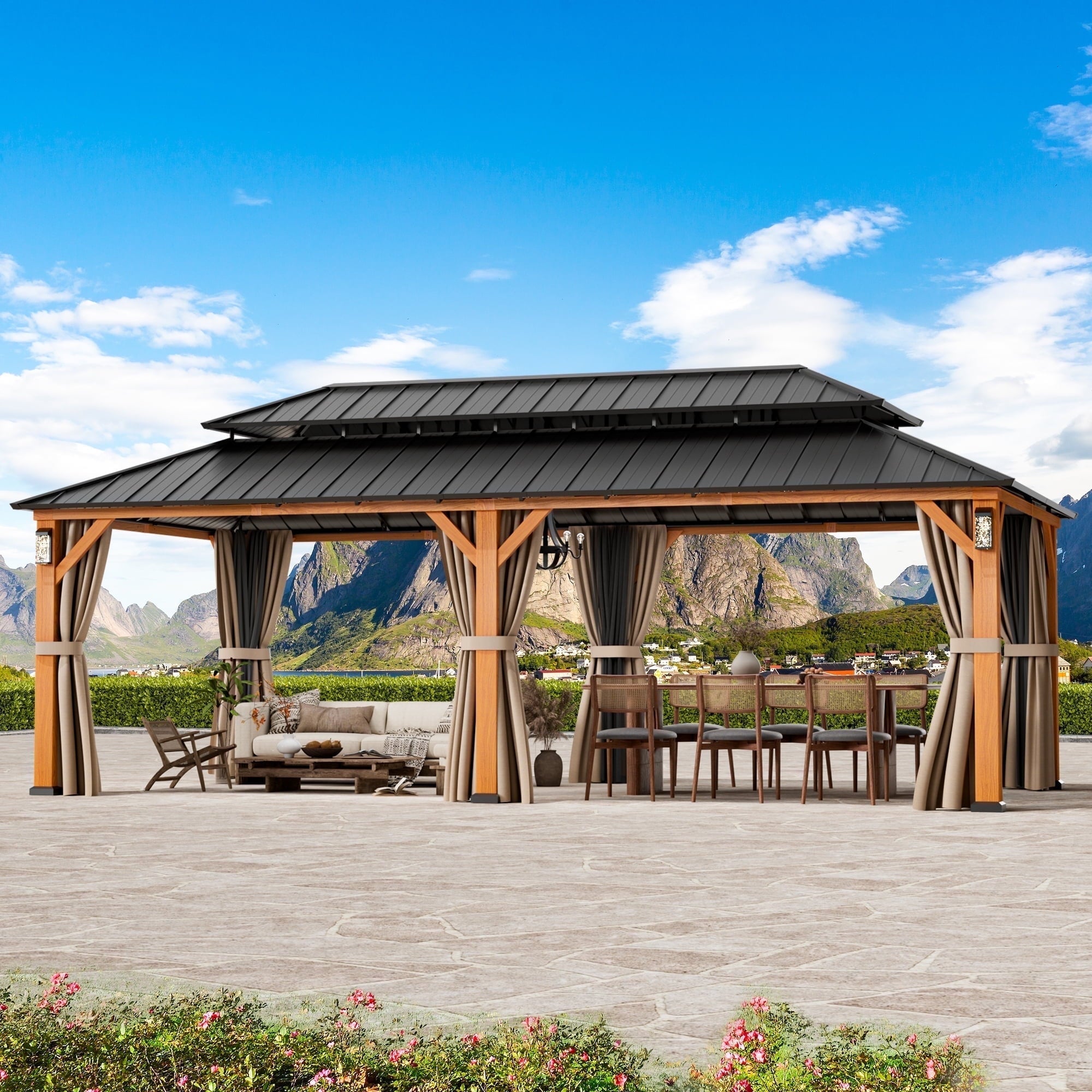 Modern Shade Horizon 12' x 24' Hardtop Gazebo with LED Lights, Double Roof & Curtains