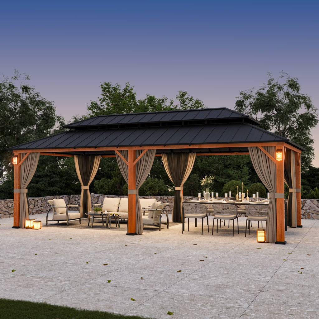 Modern Shade Hardtop Gazebo 12' x 24' with 4 LED Lights, Permanent Gazebo with Double Galvanized Steel Roof for Outdoor Backyard, Brown