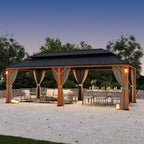 Modern Shade Hardtop Gazebo 12' x 24' with 4 LED Lights, Permanent Gazebo with Double Galvanized Steel Roof for Outdoor Backyard, Brown