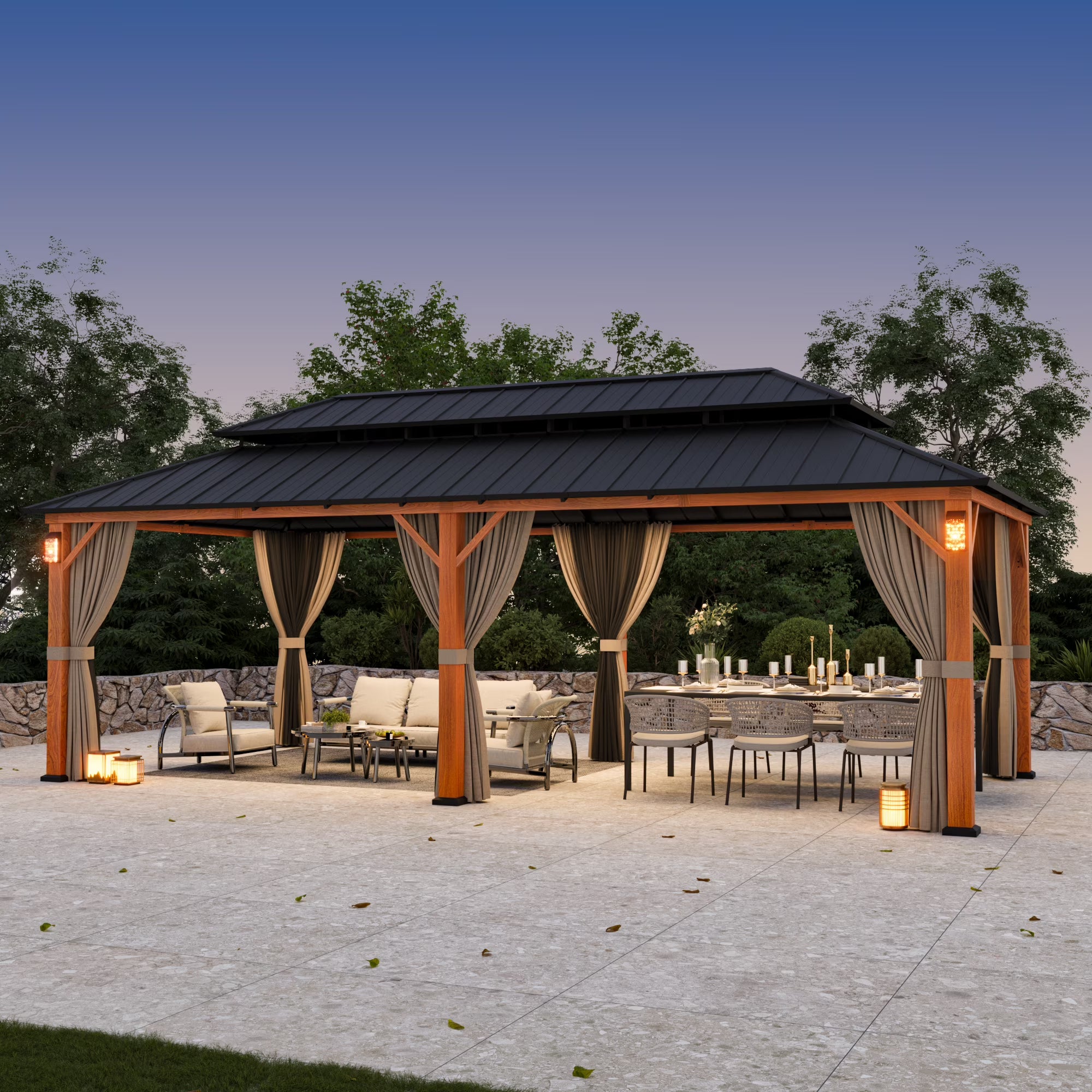 Modern Shade Hardtop Gazebo 12' x 24' with 4 LED Lights, Permanent Gazebo with Double Galvanized Steel Roof for Outdoor Backyard, Brown