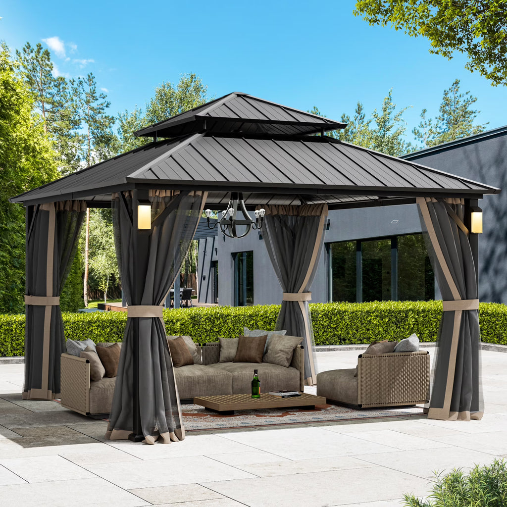Modern Shade Hardtop Gazebo 12' x 12' with 4 LED Lights, Permanent Gazebo with Double Galvanized Steel Roof for Outdoor Backyard, Black