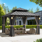 Modern Shade Hardtop Gazebo 12' x 12' with 4 LED Lights, Permanent Gazebo with Double Galvanized Steel Roof for Outdoor Backyard, Black