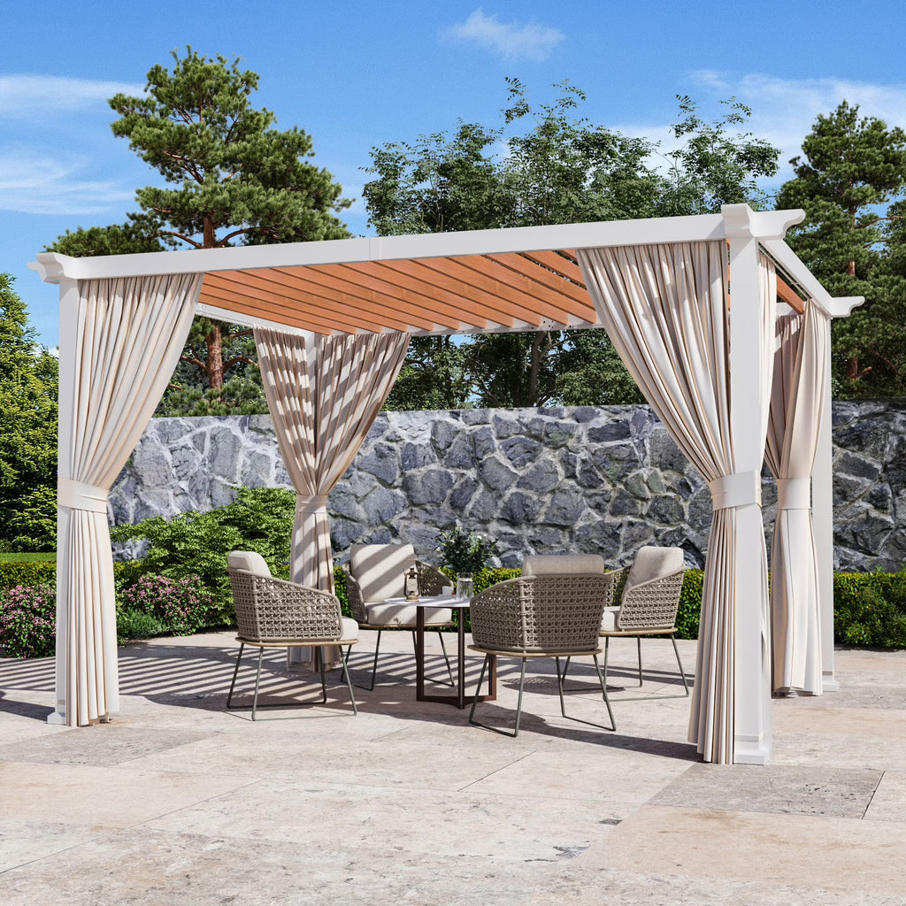Modern Shade Open Sky 10'x12' Metal Pergola Cabana with Privacy Curtains, Shade Gazebo for Patio, Deck, Garden & Poolside