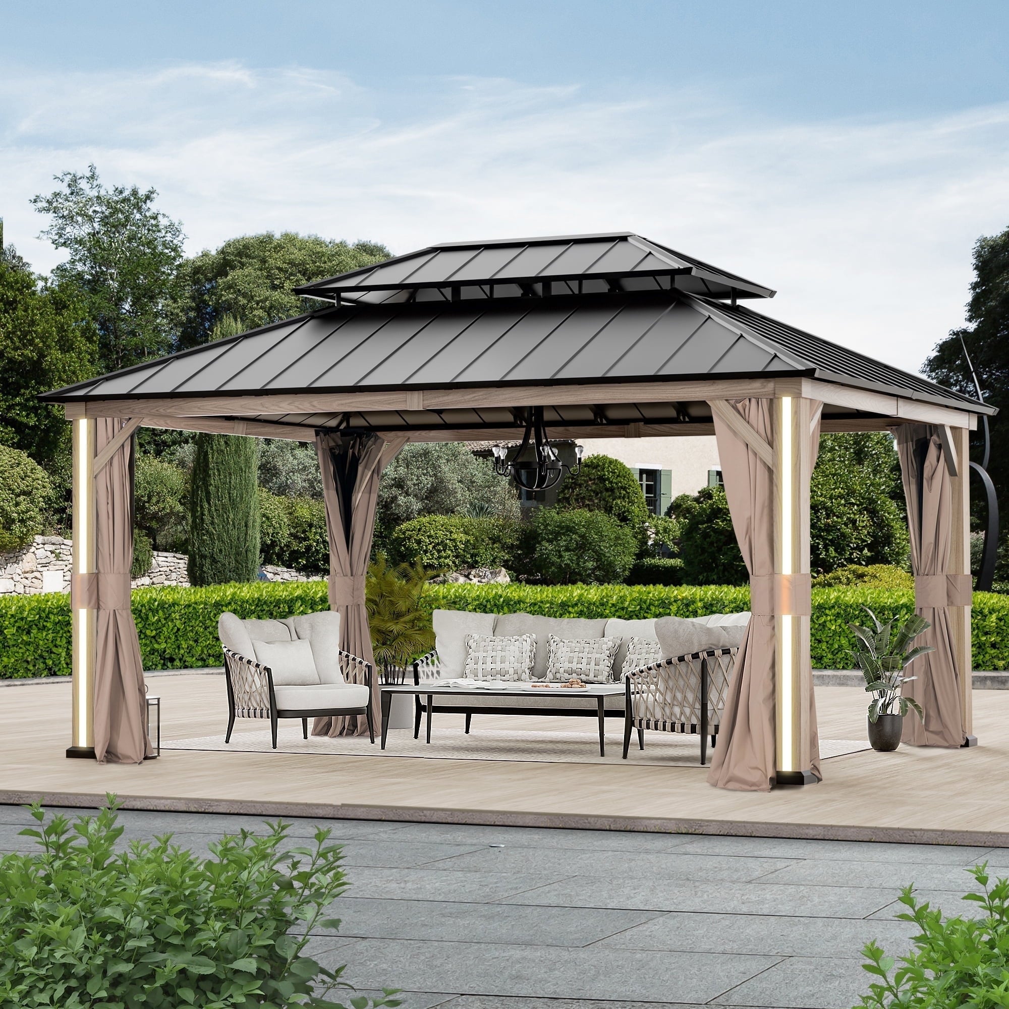 Modern Shade 12' x 16' Hardtop Gazebo with Double Roof, 4 LED Lights, USB Ports, Netting & Curtains