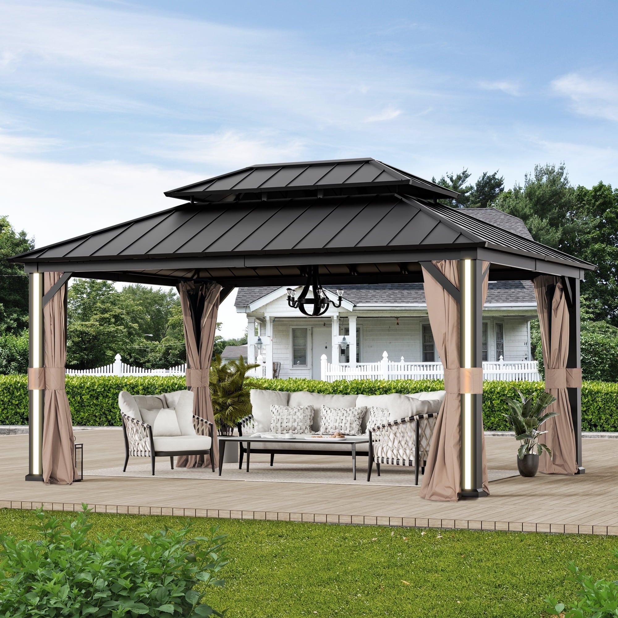 Modern Shade 12' x 16' Steel Hardtop Gazebo with LED Lights, Double Roof, USB Ports, Curtains, Black