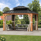 Modern Shade 10'x12' Cedar Gazebos with Double Steel Roof, Mosquito Netting Privacy Curtains Shelter with Hooks for Backyard and Patio Brown