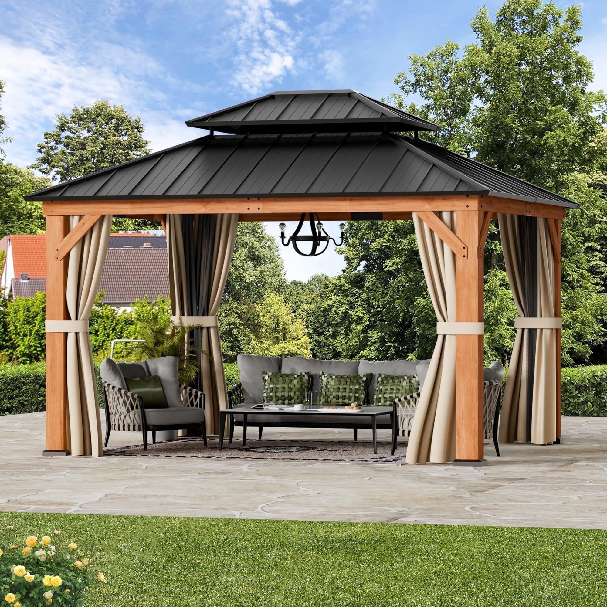 Modern Shade 10'x12' Cedar Gazebos with Double Steel Roof, Mosquito Netting Privacy Curtains Shelter with Hooks for Backyard and Patio Brown