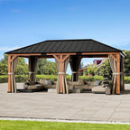 Modern Shade 12‘x20’ Hardtop Wood Gazebo Galvanized Steel Roof Mosquito Net Durable Curtains Permanent Backyard Garden Pavilion