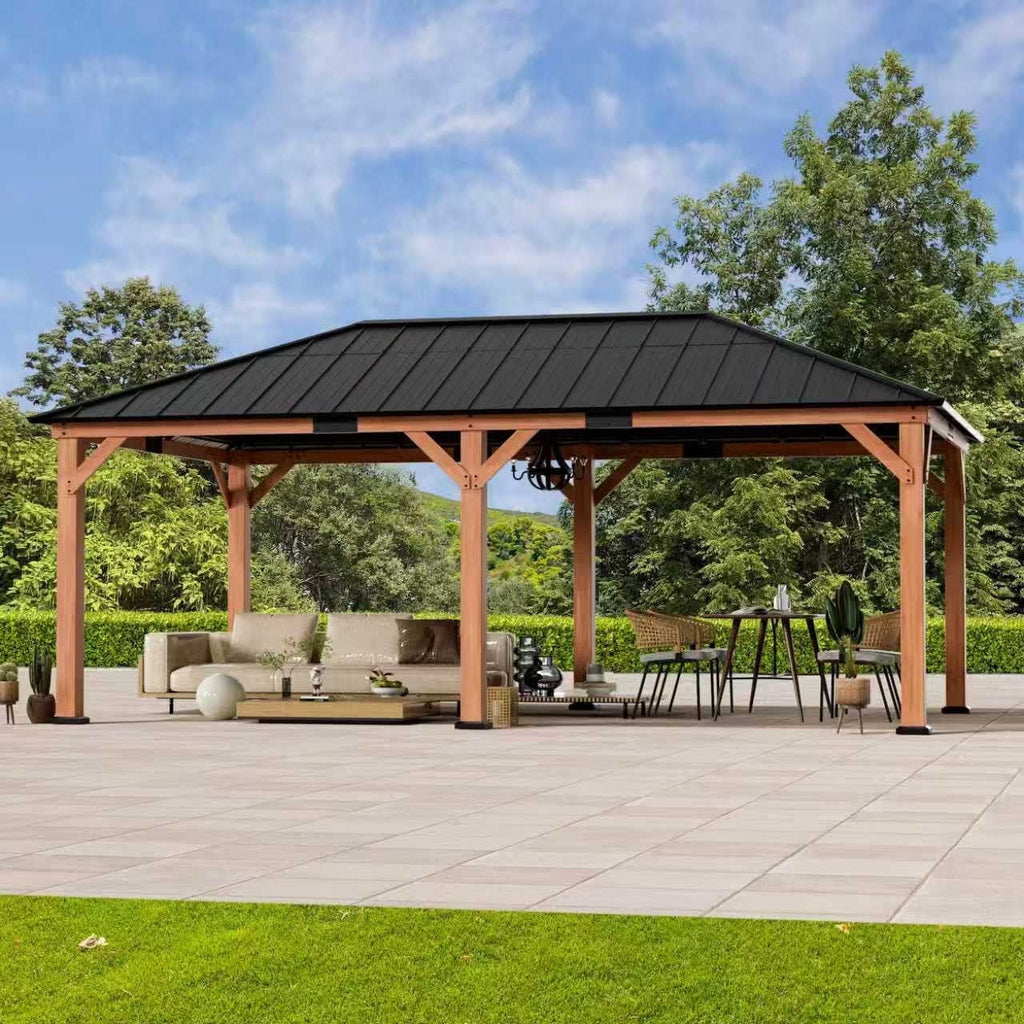 Modern Shade 12‘x20’ Cedar Grill Gazebo with Steel Hardtop Roof for Backyard & Garden Brown