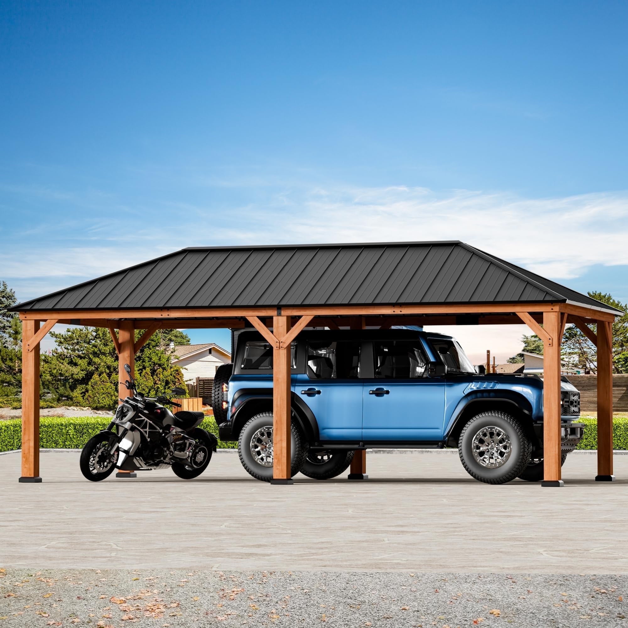 Modern Shade 12’x24‘ Cedar Grill Gazebo with Steel Hardtop Roof for Backyard & Garden Brown