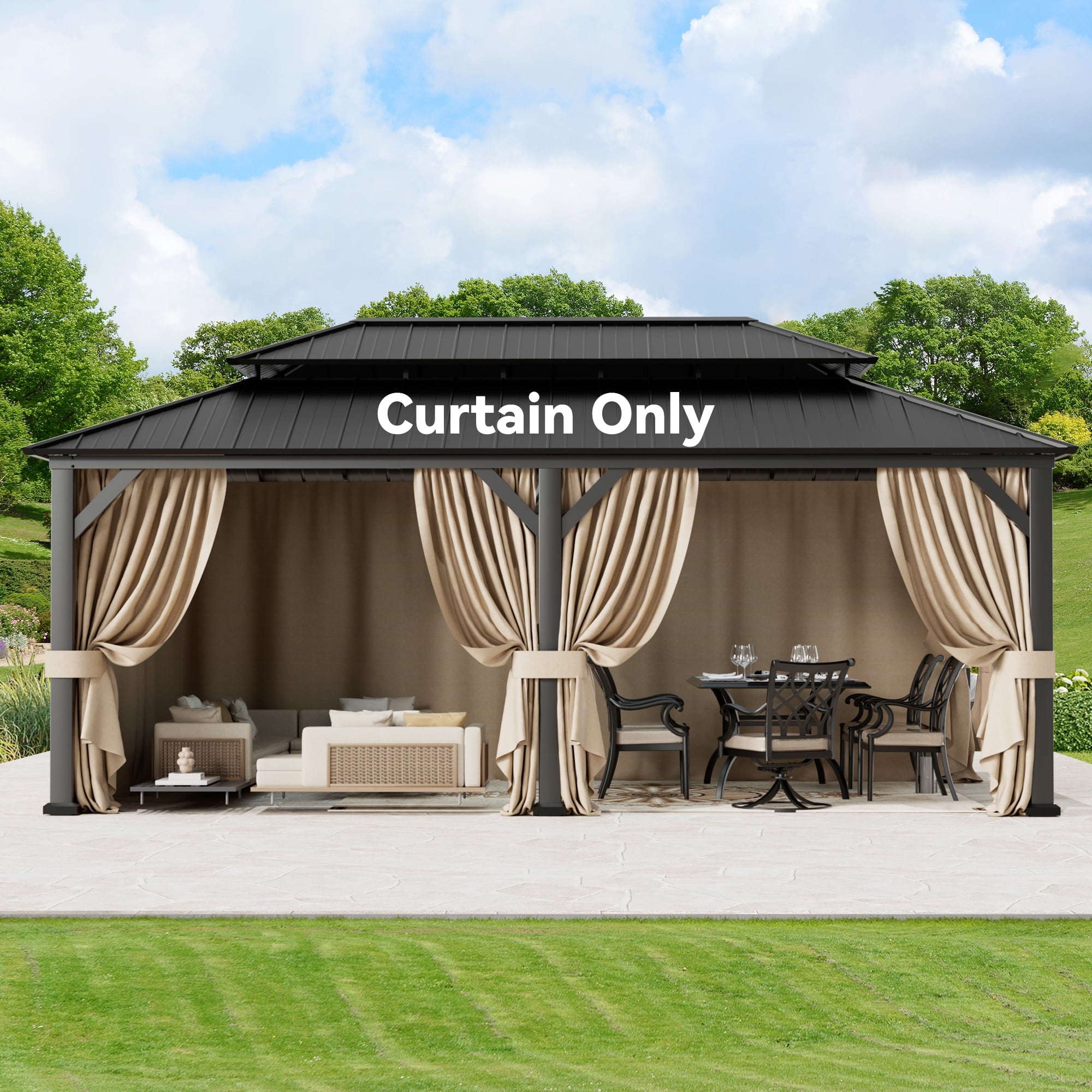 Covered Outdoor Universal 12‘x20’ Gazebo Curtain Replacement with 4 Panel Zippered Grey Sidewalls