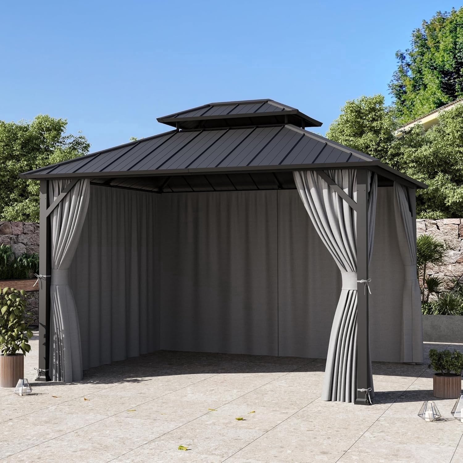 Covered Outdoor Universal 10' x12' Gazebo Curtain Replacement 4- Panel Waterproof Grey Sidewalls ( Curtain Only)
