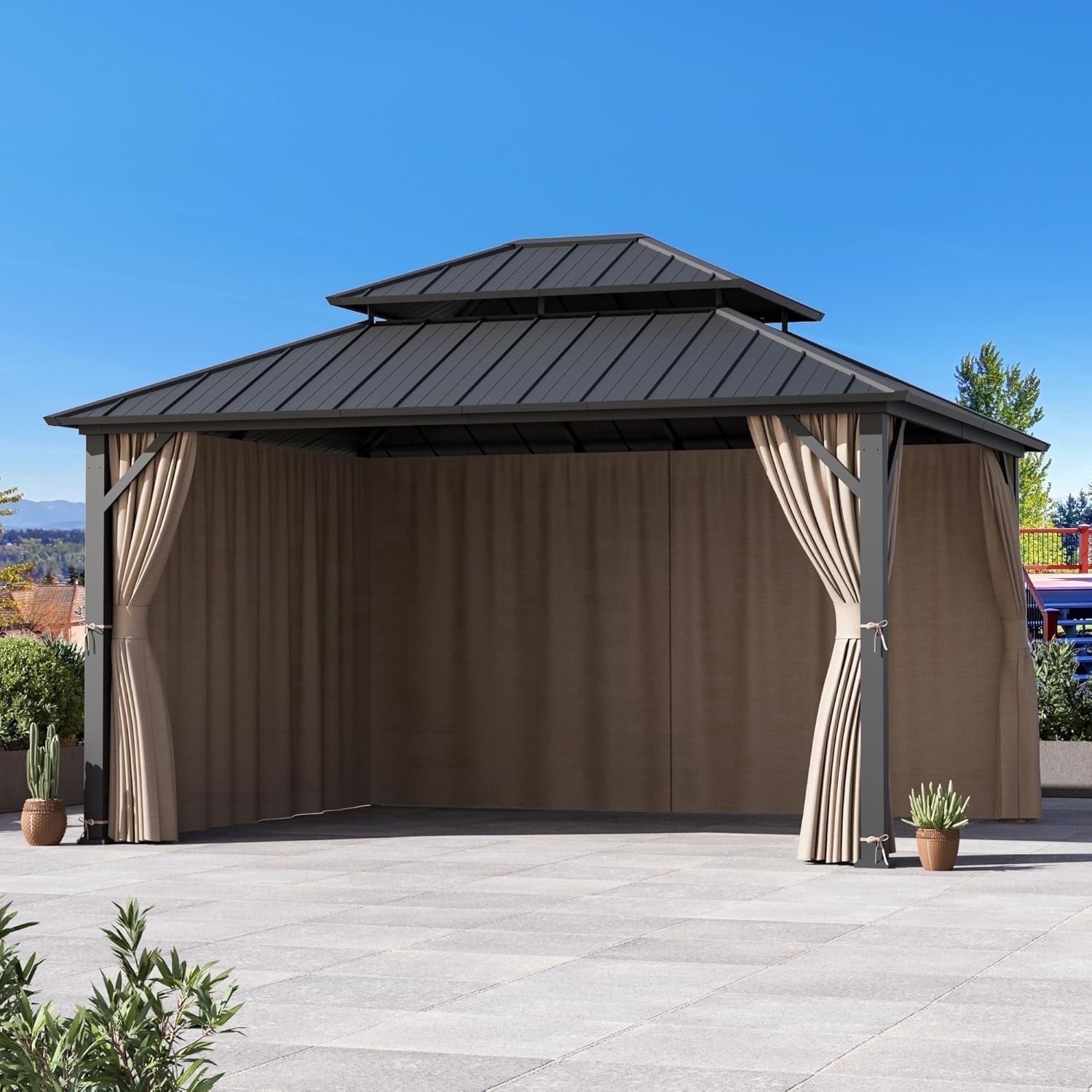 Covered Outdoor Universal Gazebo Curtain Replacement, 4-Panel 12' x14' Waterproof Privacy Sidewalls for Outdoor- Khaki( Curtain Only)