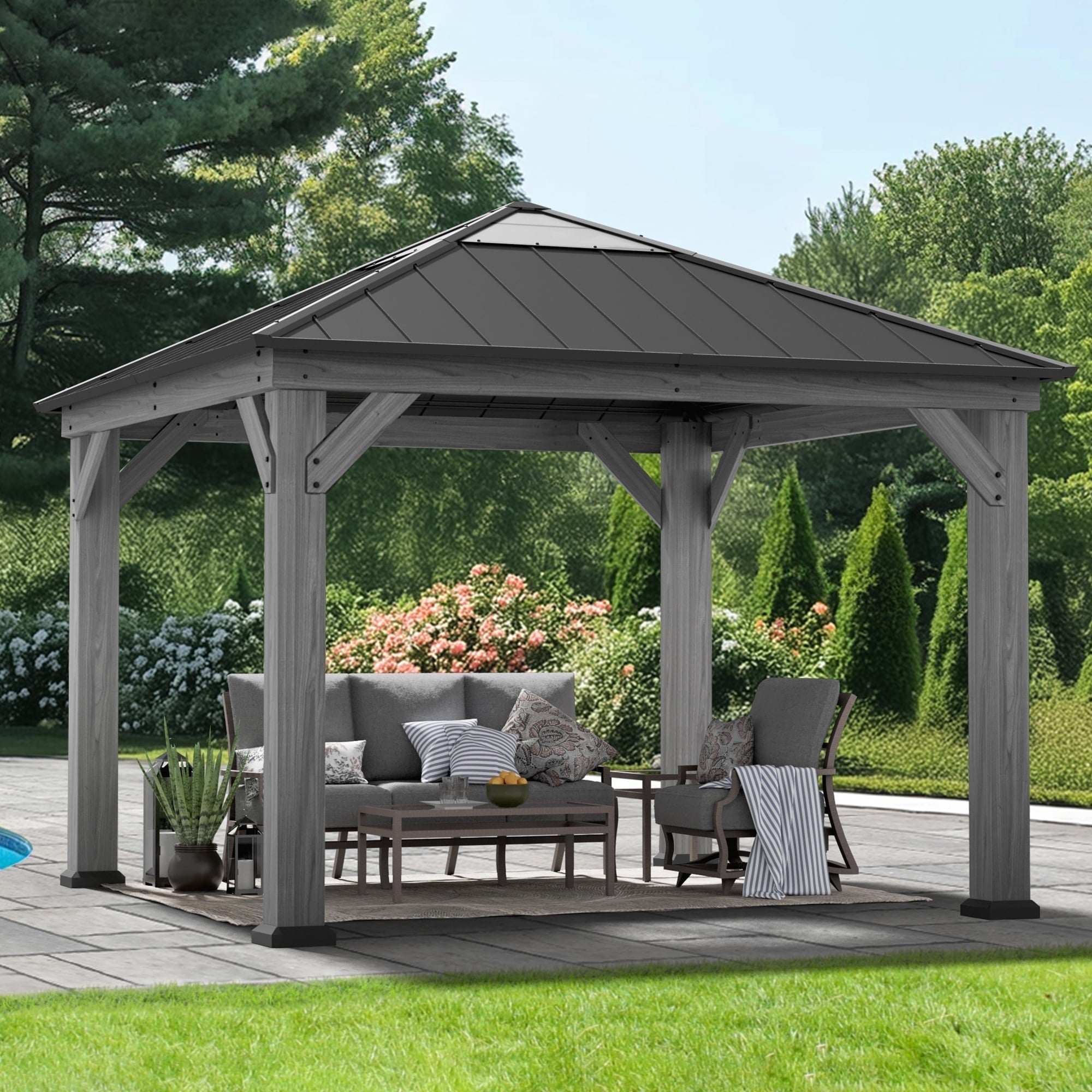 Modern Shade 11‘x11’ Cedar Hardtop Gazebo Galvanized Steel Frame Polycarbonate Roof Backyard Garden Deck