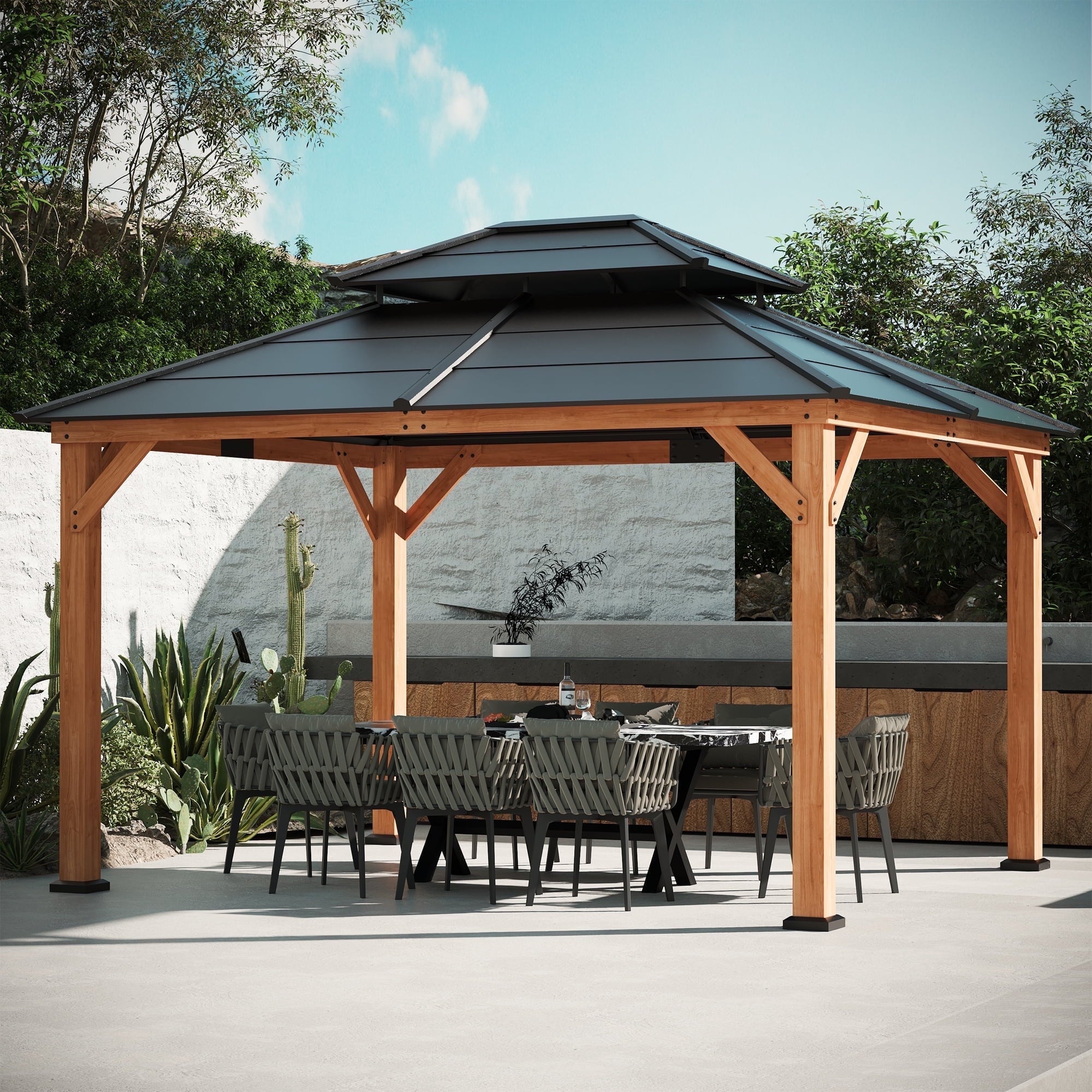 Modern Shade 11‘x13’ Cedar Gazebo with Galvanized Steel Roof & Hooks for Backyard Garden
