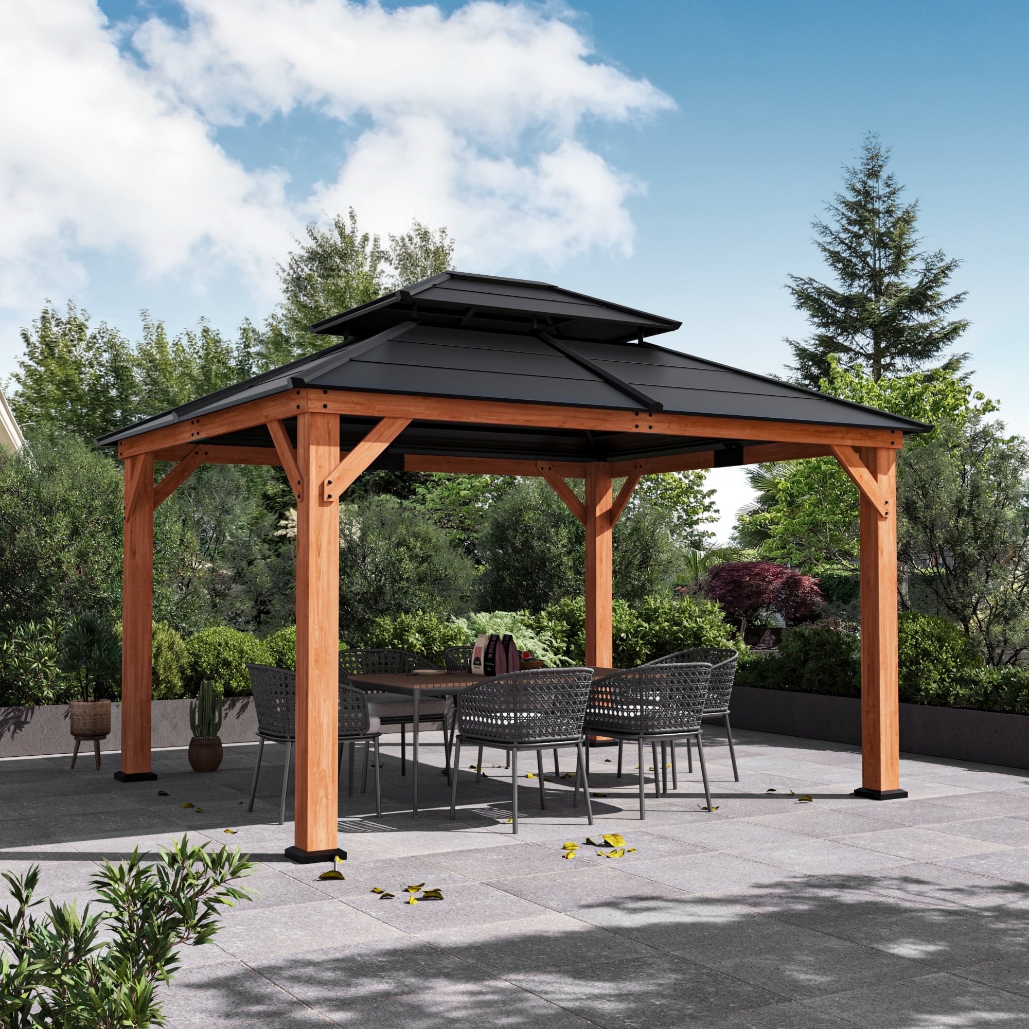 Modern Shade 11'x13' Wood Gazebo FSC-Certified Cedar Double Galvanized Steel Roof for Garden Backyard