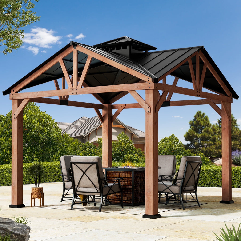 FONA Wood Gazebo 12’x12’, Heavy Duty Hardtop Gazebo with Steel Roof, Water Resistant, Wind Resistant, Perfect for Your Permanent Outdoor Pavilion, Solid Wood Framed Gazebo, Cedar Gazebo