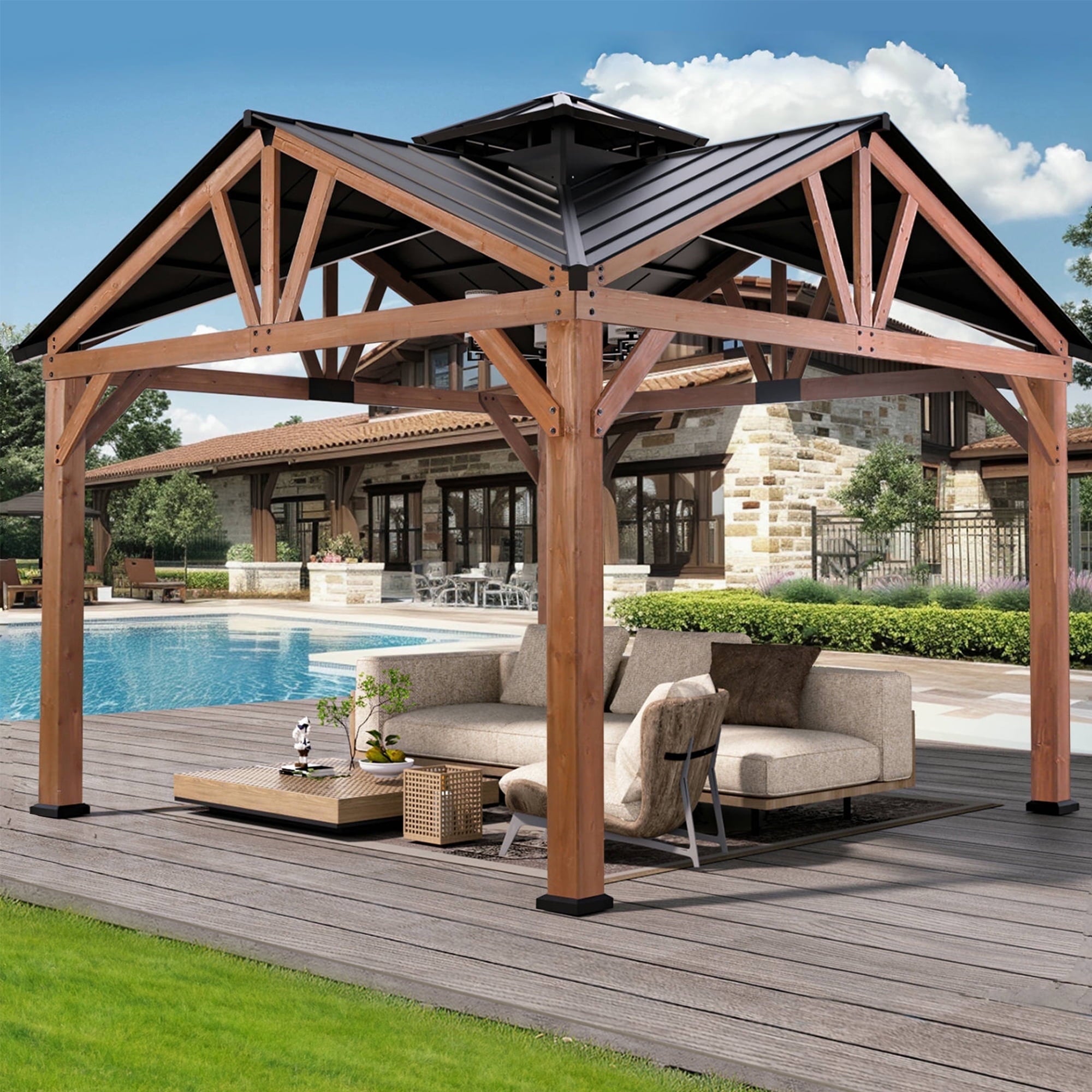 Modern Shade 12'x12' Cedar Hardtop Gazebo - Weatherproof Steel Roof, Permanent Outdoor Structure with FSC-Certified Wood Frame & Rust-Resistant Hardware