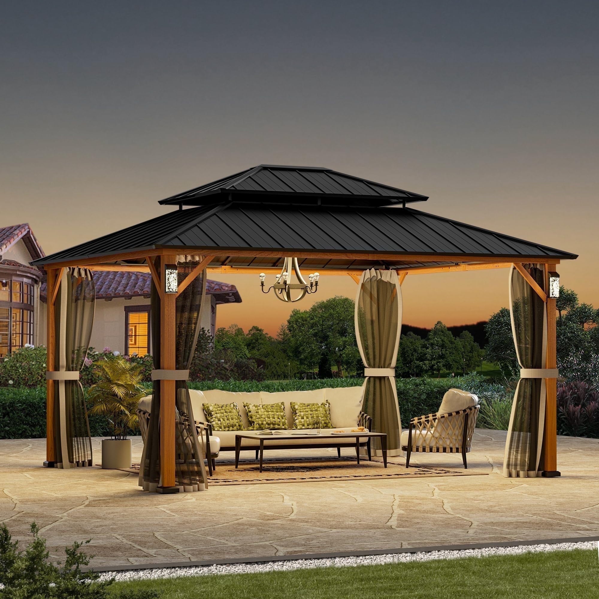 Modern Shade Horizon 12' x 14' Hardtop Gazebo with Solar LED Light, Aluminum Frame, Brown Roof