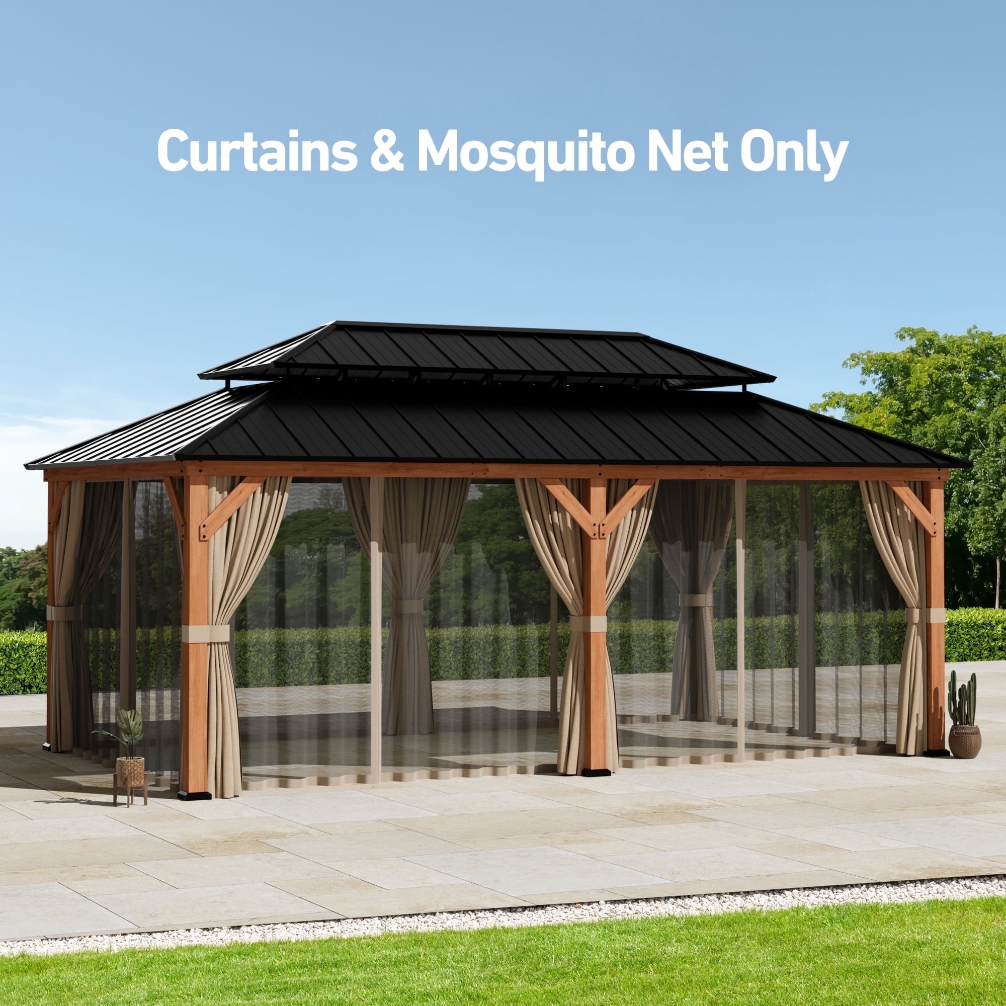 Modern Shade 12x20ft Cedar Gazebo Privacy Curtains & Zippered Mosquito Netting, Universal 4-Panel Khaki Sidewalls for Patio Canopy Replacement