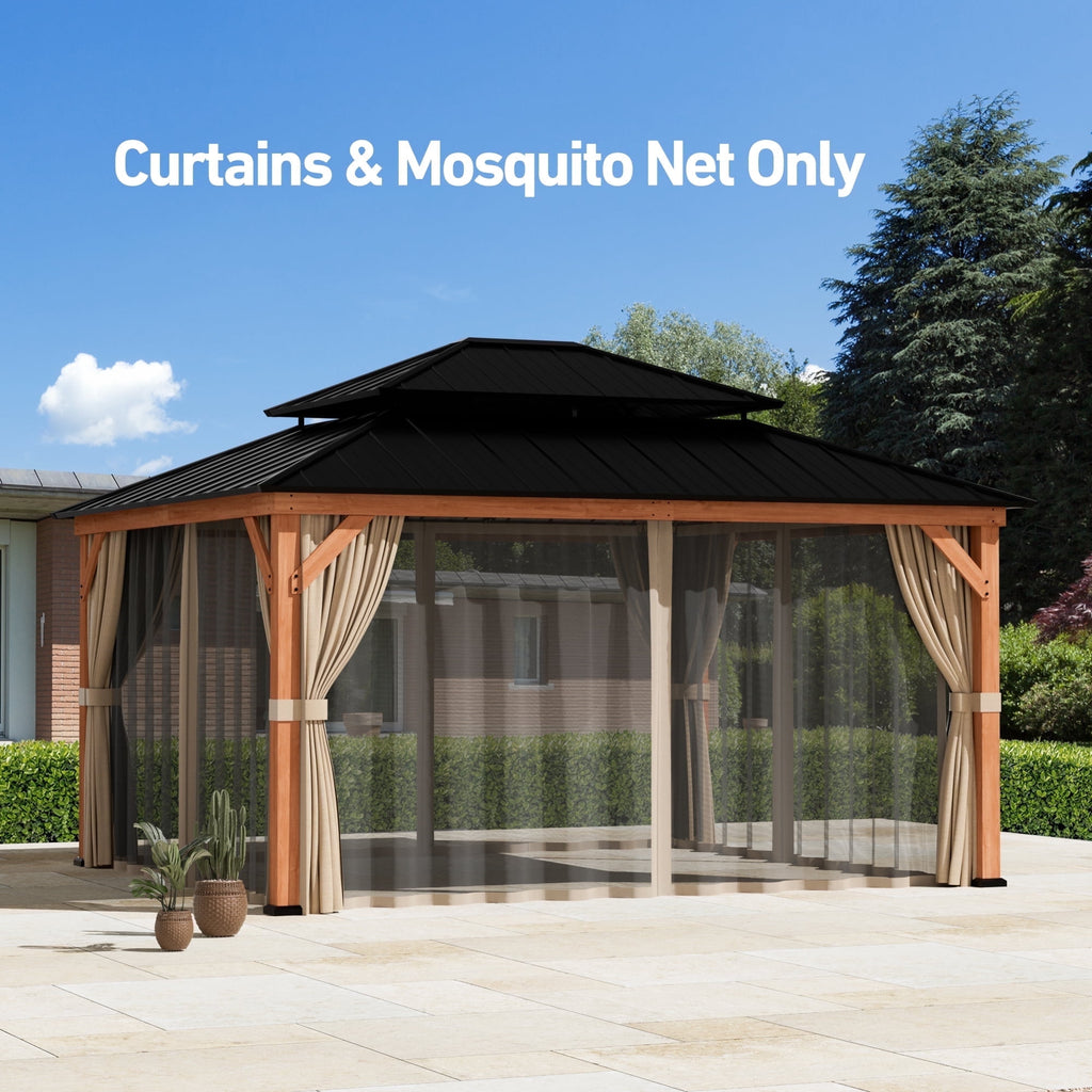 Modern Shade 13‘x15’ Cedar Gazebo Privacy Curtains Zippered Mosquito Net Universal 4 Panel Khaki Patio Replacement Sidewalls
