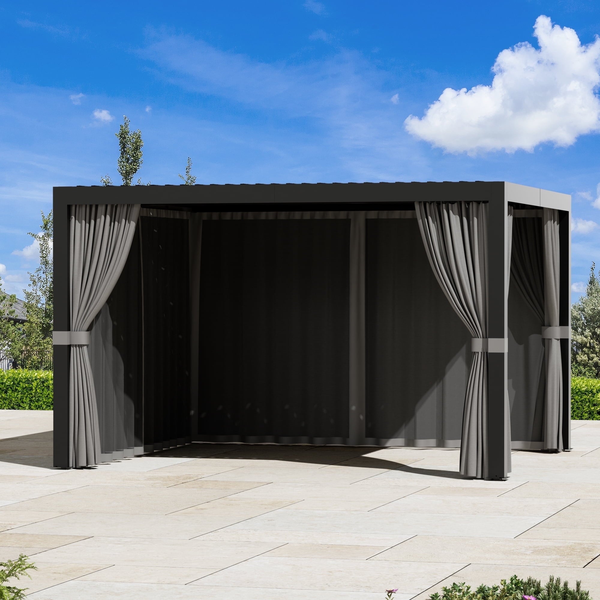 Modern Shade 10'x12' Louvered Pergola with 4-Panel Privacy/Zippered Mosquito Netting Waterproof Gray/Khaki Sidewalls