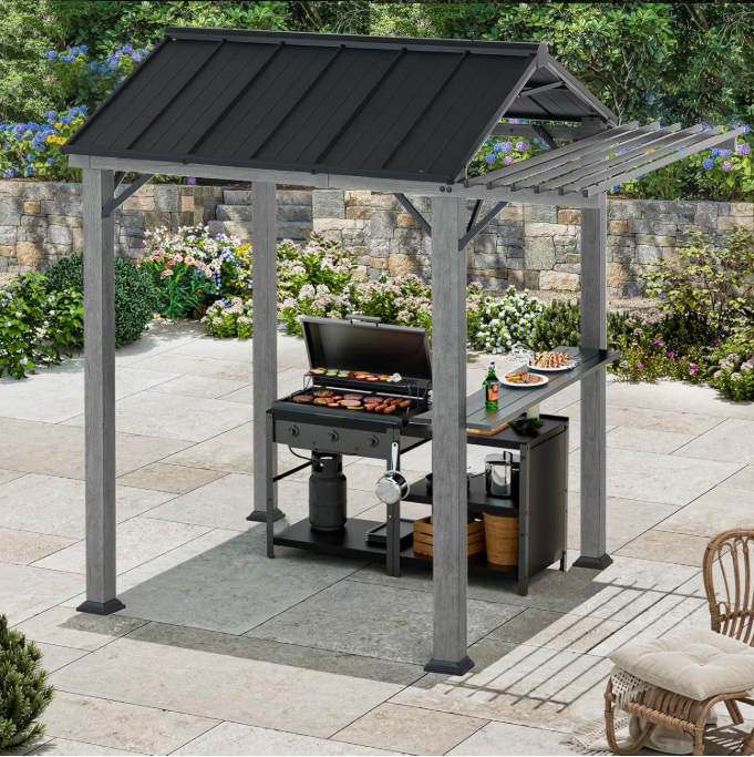 FONA Grill Gazebo 6' x 8' with Galvanized Steel Roof and Pergola Extension, BBQ Gazebo with UV Blocking & Waterproof Design, Grill Canopy with Shelves, Rust-Resistant, Transfer Gray