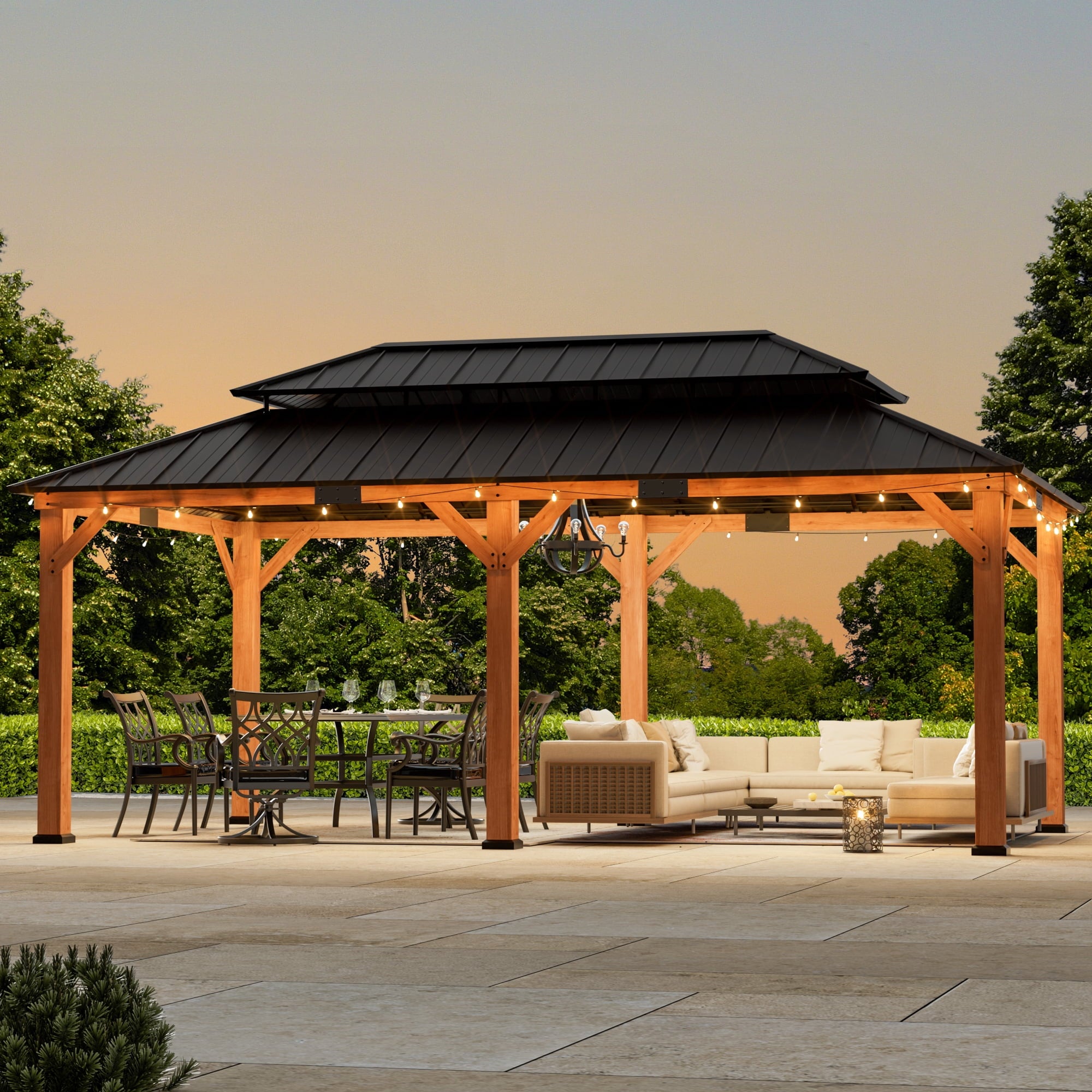 Modern Shade Rosewood 12'x20’Hardtop Gazebo,Cedar Framed Rosewood Pavilion with Double Galvanized Steel Roof,Permanent Patio Gazebo for Outdoor Brown