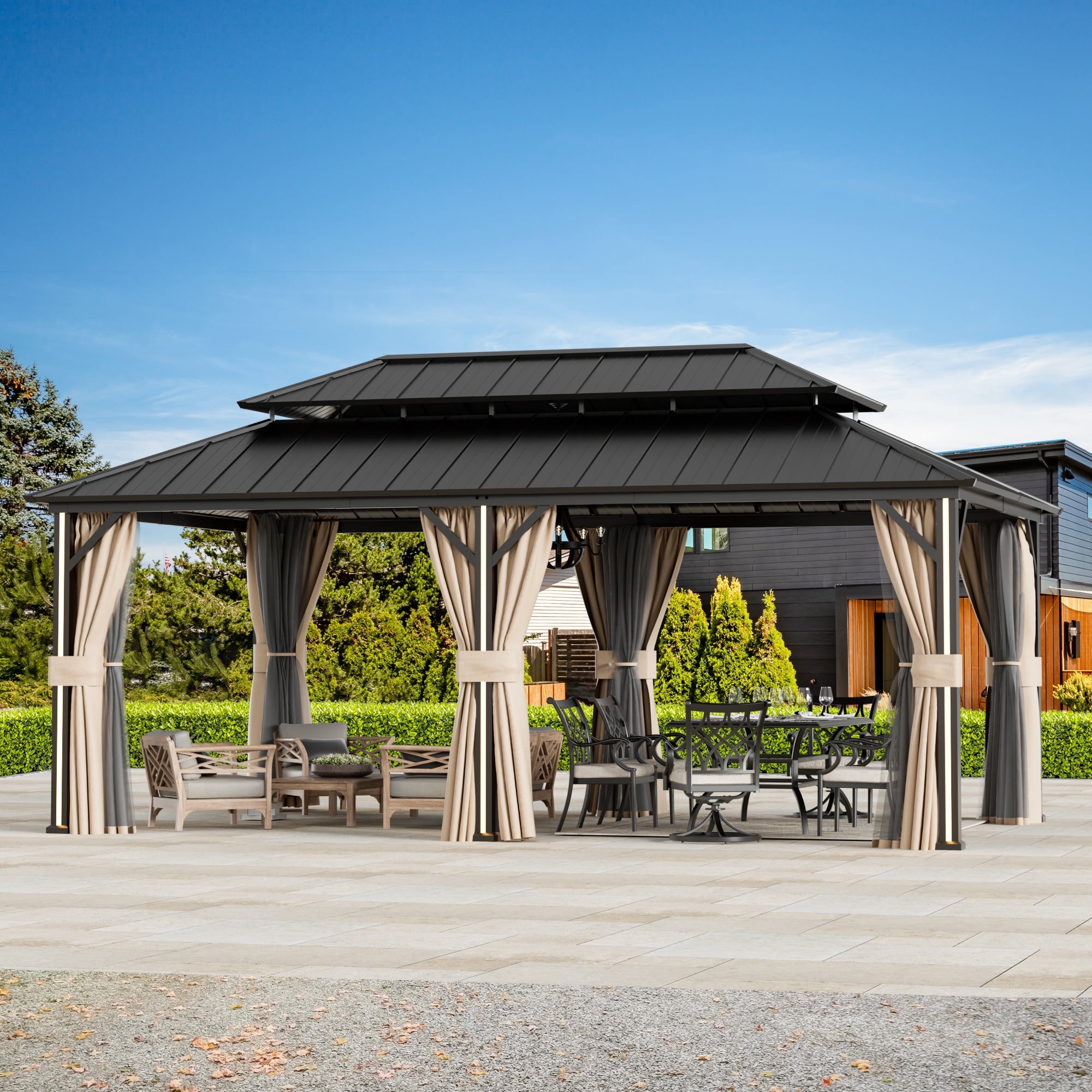 FONA 12'x20' Steel Roof Gazebo w/ 6 LED Lights,Curtains,Netting&USB Charging Port,Black