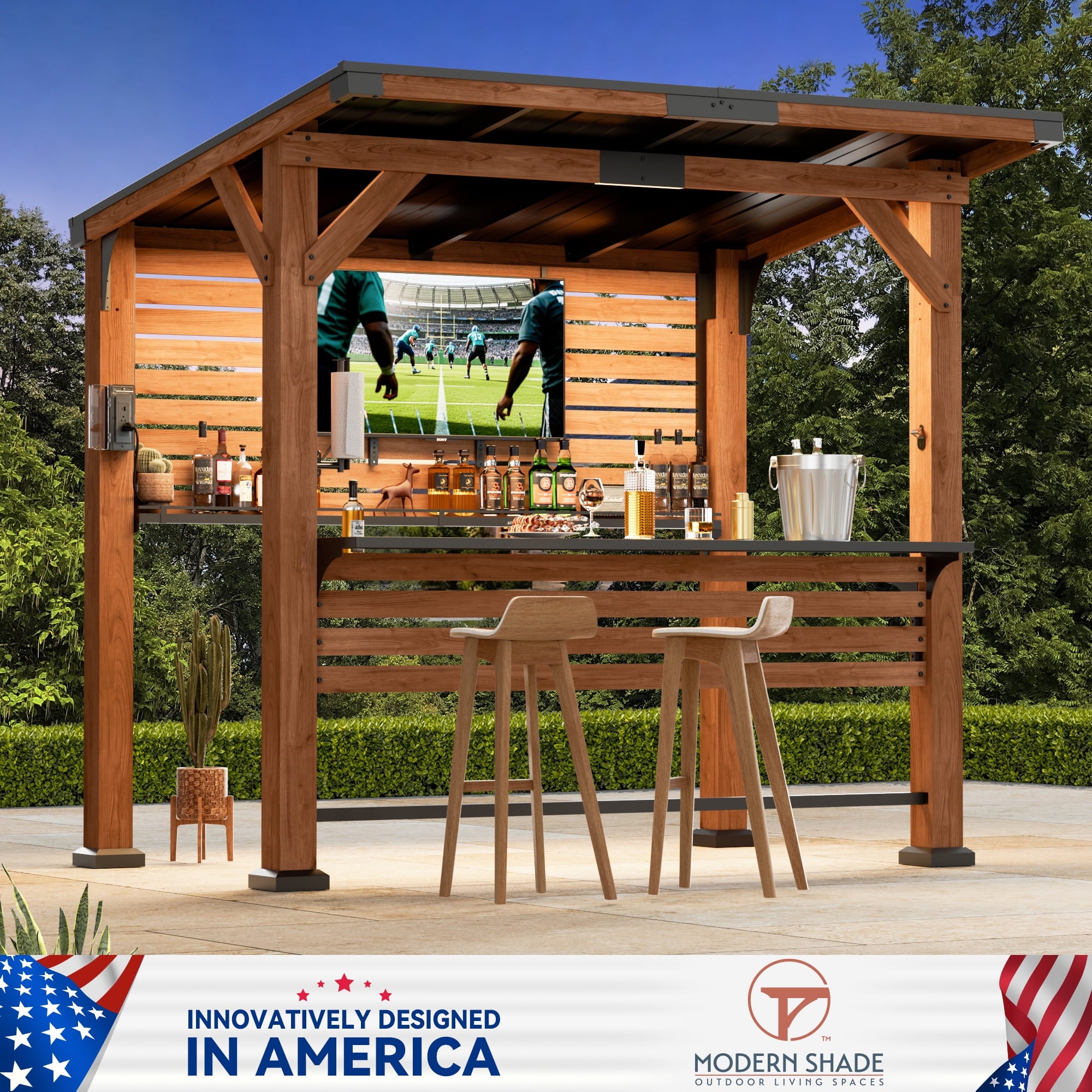 Modern Shade Cedar Wood Entertainment Gazebo with Hardtop Roof, Grill Bar Center, Shelves, TV Mount & Power Strip for Patio or Garden