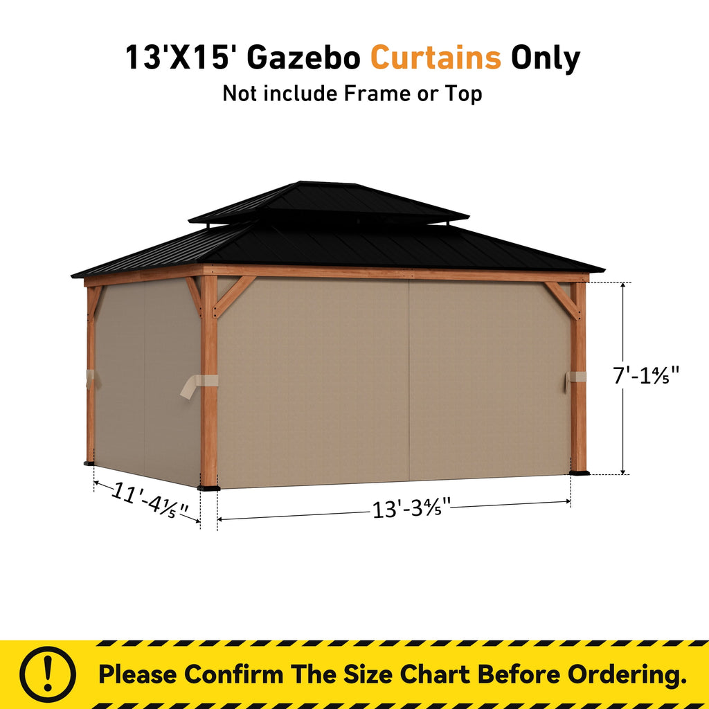 Modern Shade 13‘x15’ Cedar Gazebo Privacy Curtains Zippered Mosquito Net Universal 4 Panel Khaki Patio Replacement Sidewalls