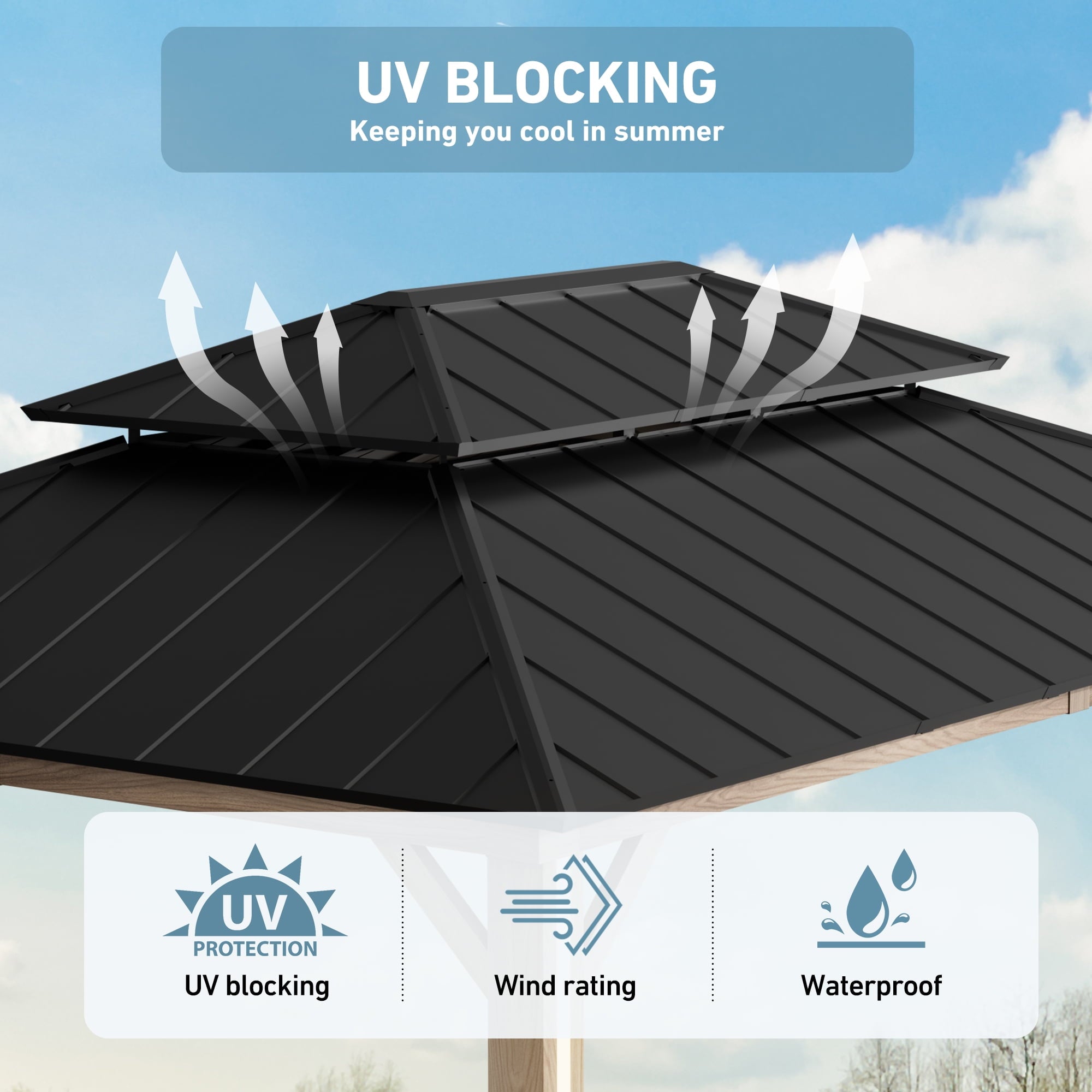 FONA 12'x16' Permanent Hardtop Gazebo,Aluminum Frame & Double Roof,LED Lights,Brown