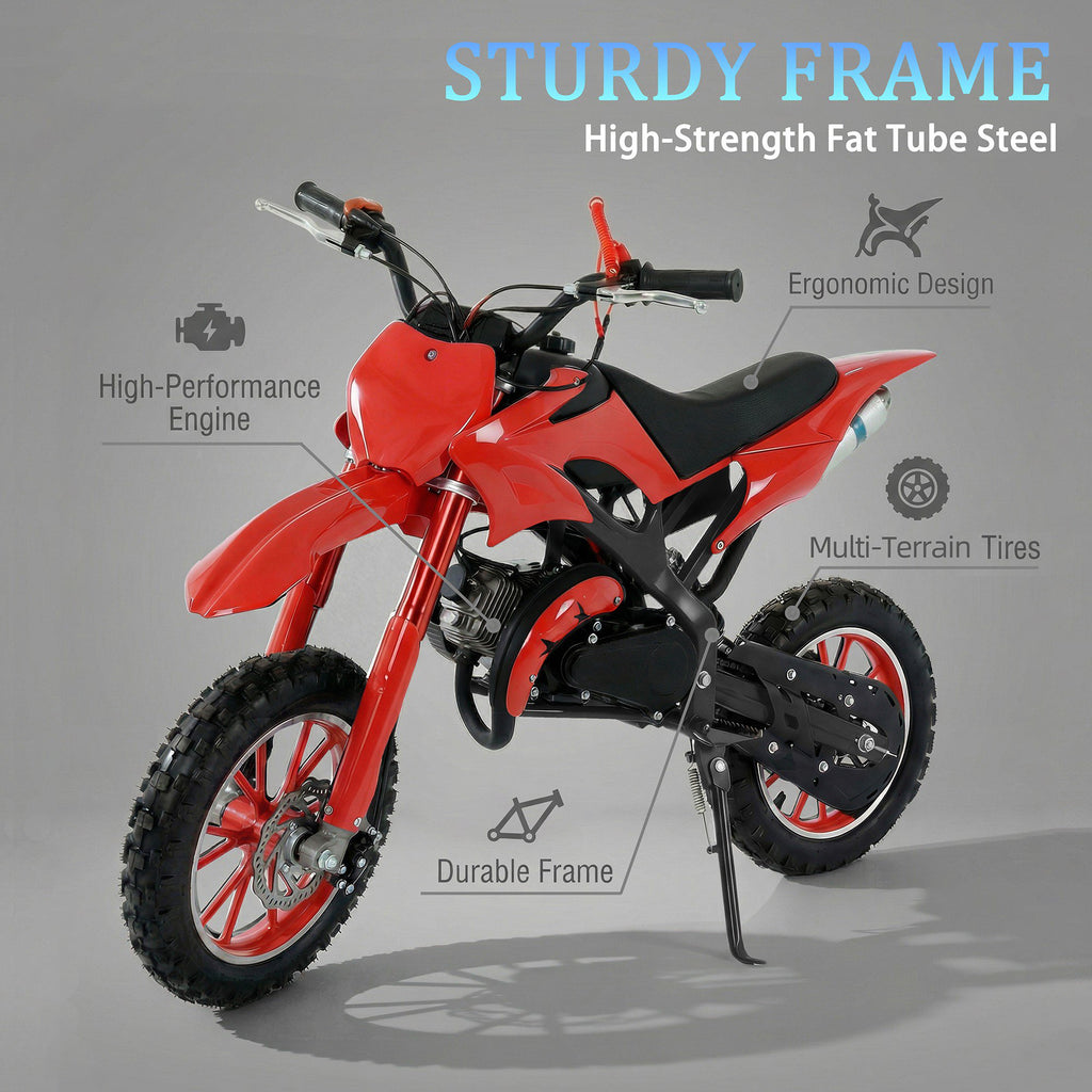 FONA 49cc 2-Stroke Dirt Bike for Kids 8-12, 25mph Mini Motorcycle with Dual Disc Brakes, Multi Terrain Tires, Suspension & Soft Seat Red