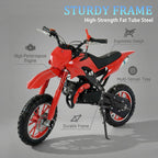 FONA 49cc 2-Stroke Dirt Bike for Kids 8-12, 25mph Mini Motorcycle with Dual Disc Brakes, Multi Terrain Tires, Suspension & Soft Seat Red