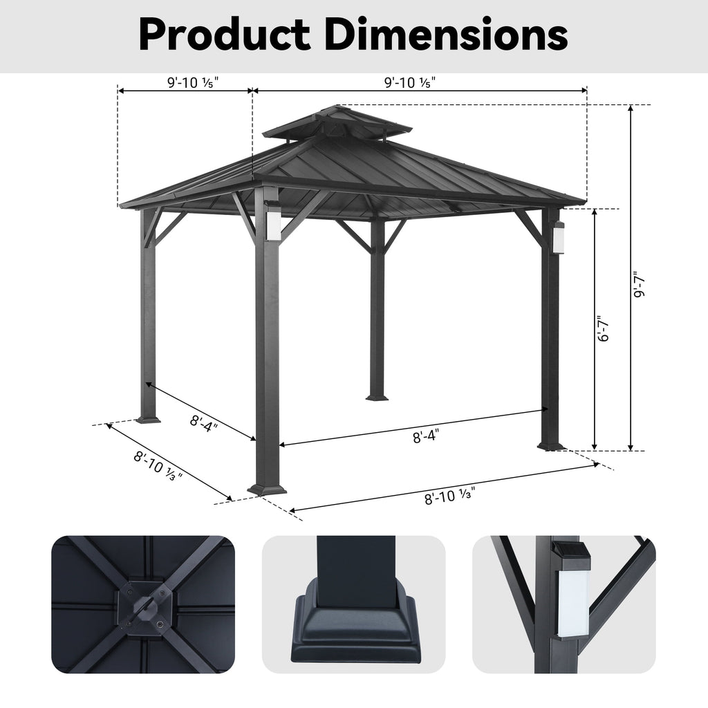 Modern Shade 10'x10' Hardtop Gazebo Galvanized Steel Roof Frame with 4 LED Weatherproof Lights for Backyard Garden