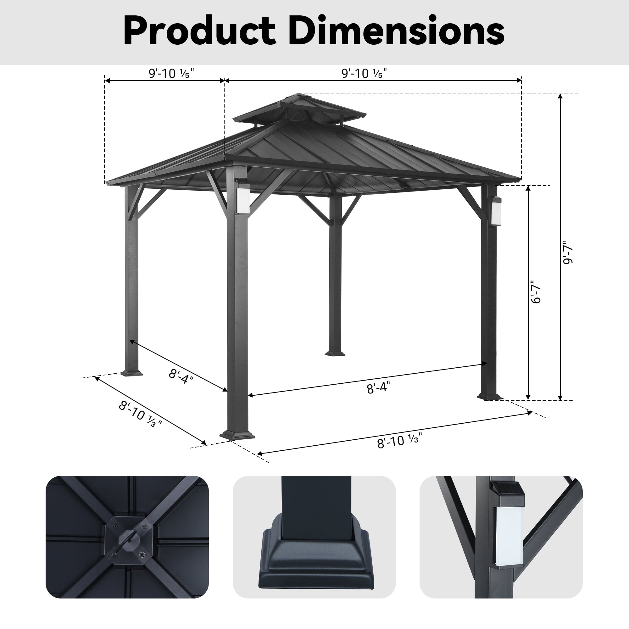Modern Shade 10'x10' Hardtop Gazebo Galvanized Steel Roof Frame with 4 LED Weatherproof Lights for Backyard Garden