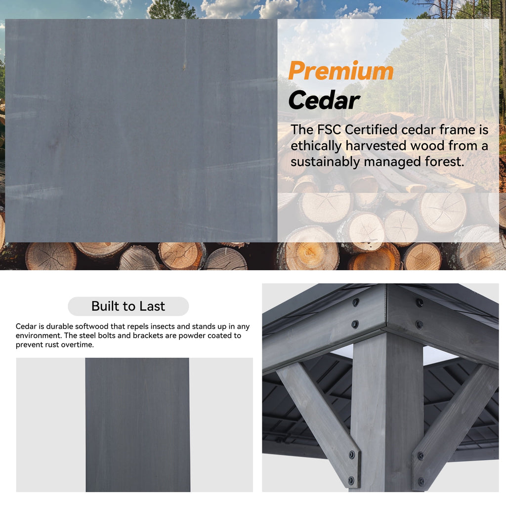 Modern Shade 11‘x11’ Cedar Hardtop Gazebo Galvanized Steel Frame Polycarbonate Roof Backyard Garden Deck