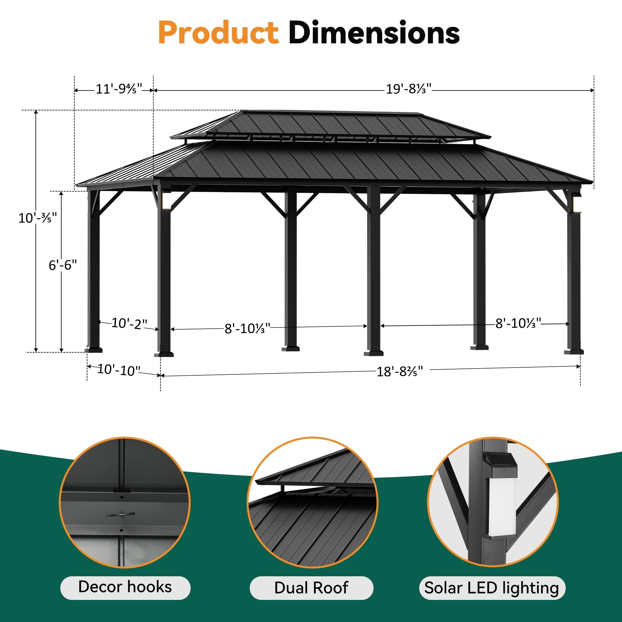 Modren Shade The Horizon 12'x20' Hard Top Gazebo W/ Solar LED light