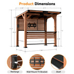 Modern Shade Cedar Wood Entertainment Gazebo with Hardtop Roof, Grill Bar Center, Shelves, TV Mount & Power Strip for Patio or Garden