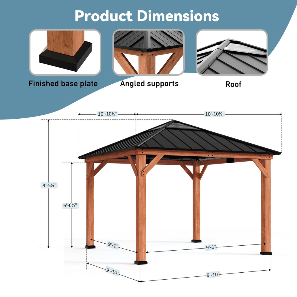 FONA 11'x11' Wood Gazebo with Galvanized Steel Roof & Sunshine Board,Permanent Hardtop Pavilion